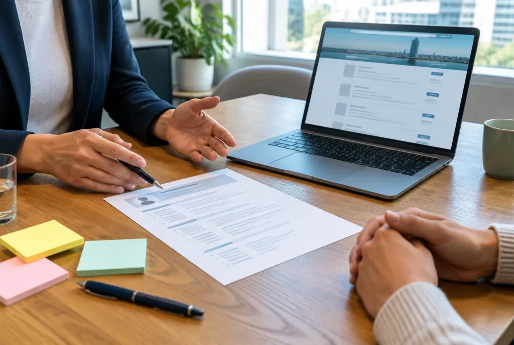 Cv, laptop en notities op tafel tijdens een gesprek met een loopbaancoach
