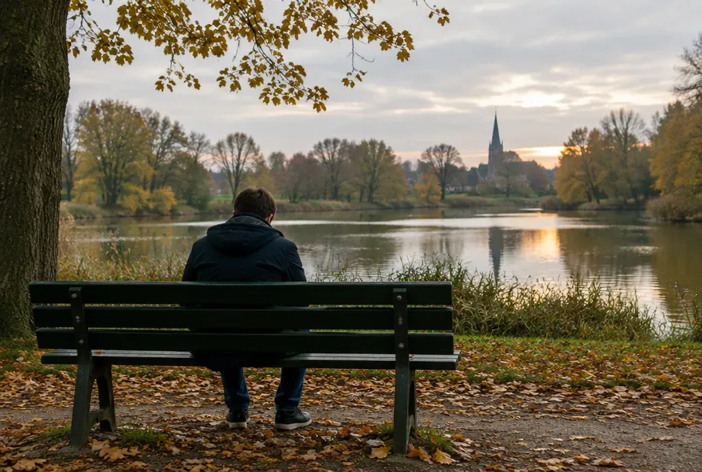Iemand zit op een bankje in een rustig park bij het water